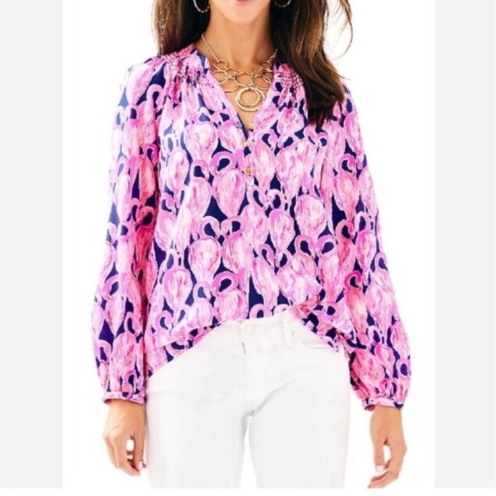Lilly Pulitzer Elsa Top Silk Blouse XXS High Tide Navy Via Amor Pink Women's